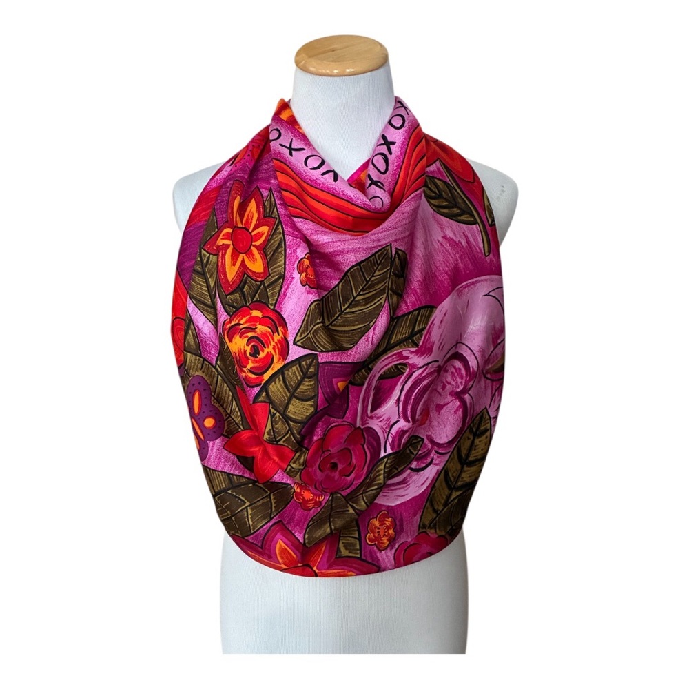 Vintage Adrienne Vittadini Pink Floral Bouquet XO Silk Twill Scarf Large 35”